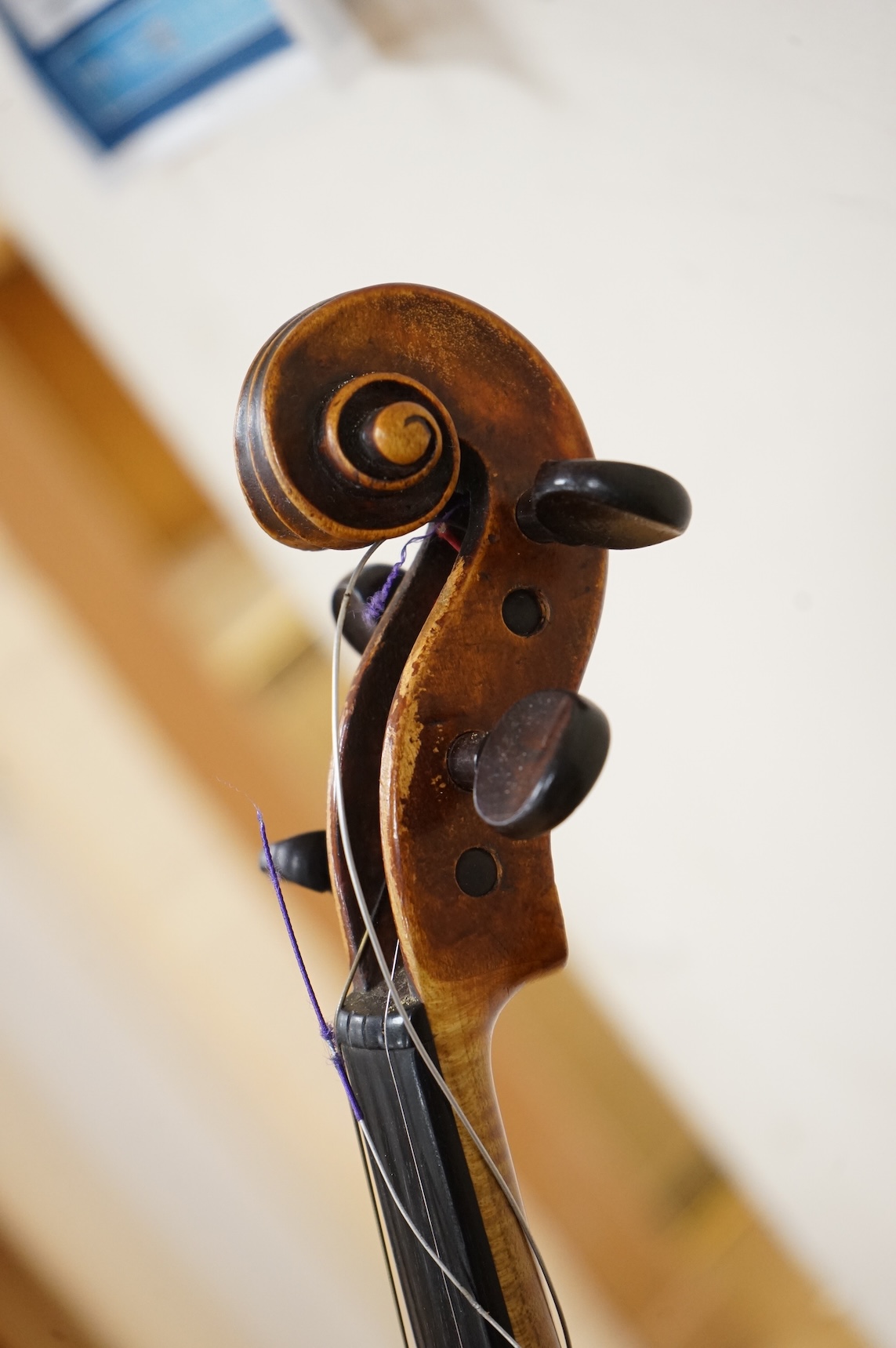 An 18th century violin after Klotz school, 36cm body, with a well cut scroll and an Hill reference number (1191) to the bottom end of the fingerboard, in a Rushworth and Draper case.